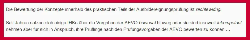 Bewertung des Unterweisungskonzepts zur AEVO-Prüfung Konzept / Unterweisungsentwurf darf nicht verlangt und erst recht nicht bewertet werden!