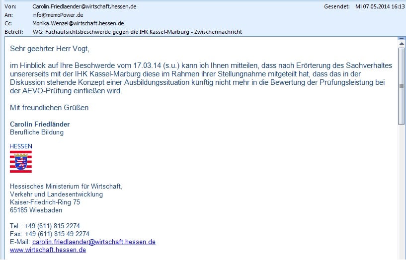 IHK Kassel-Marburg Erst nach der Fachaufsichtsbeschwerde hat die IHK Kassel-Marburg ihr rechtwidriges Prüfungsverfahren geändert.