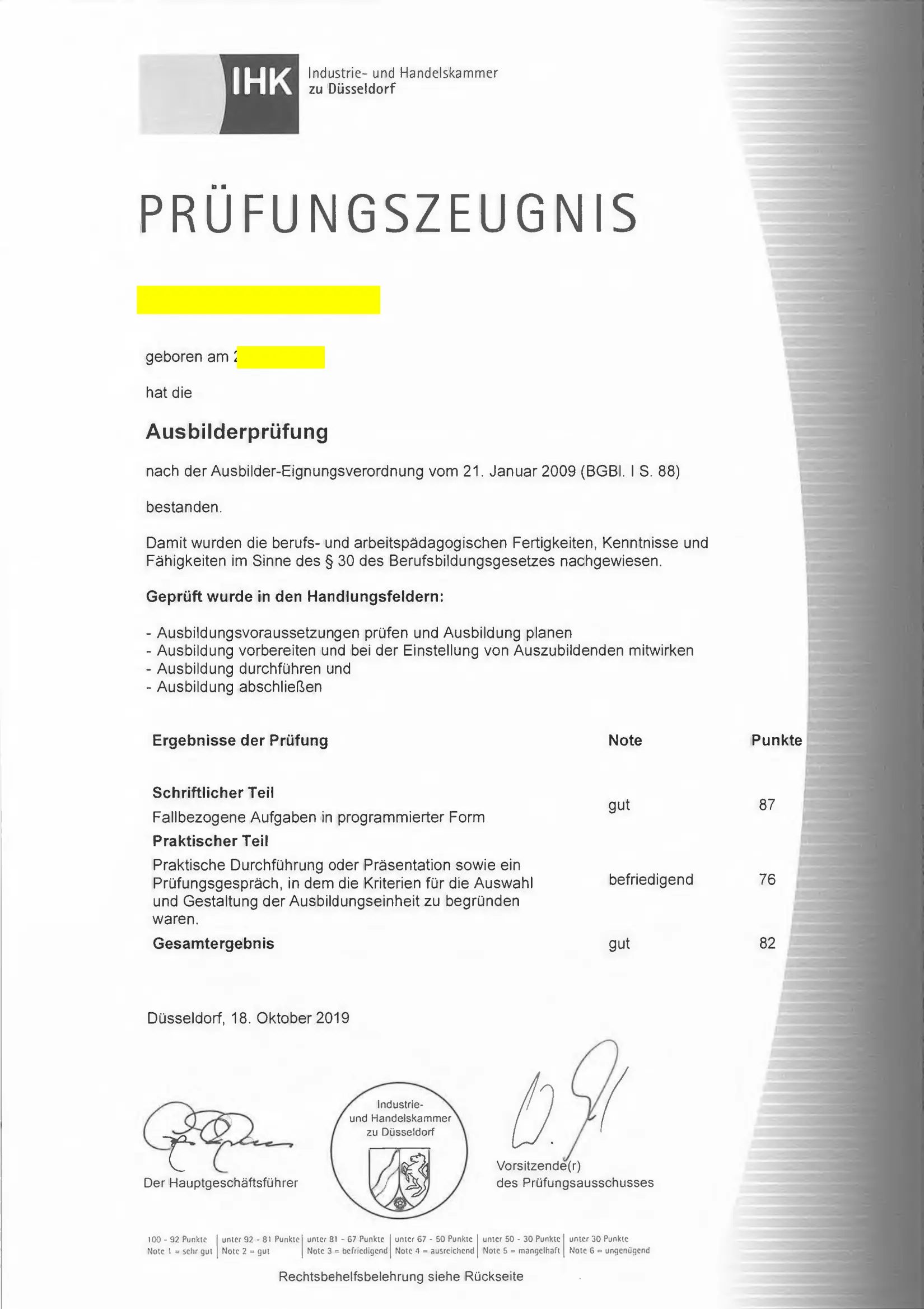 Screenshot eines AdA-Scheins der IHK Düsseldorf mit dem Gesamtergebnis GUT