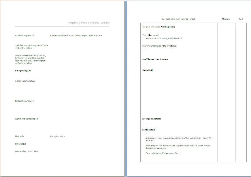 links: das Deckblatt - rechts: die sachliche und zeitliche Planung