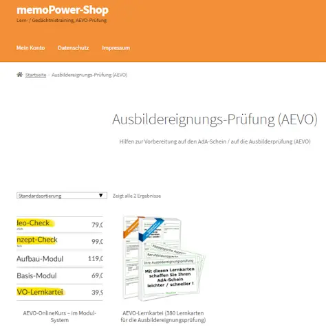 Screenshot vom memoPower-Shop zum AdA-Schein