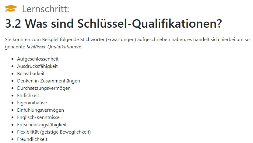 Ausschnitt aus der Auflistung von Schlüssel-Qualifikationen