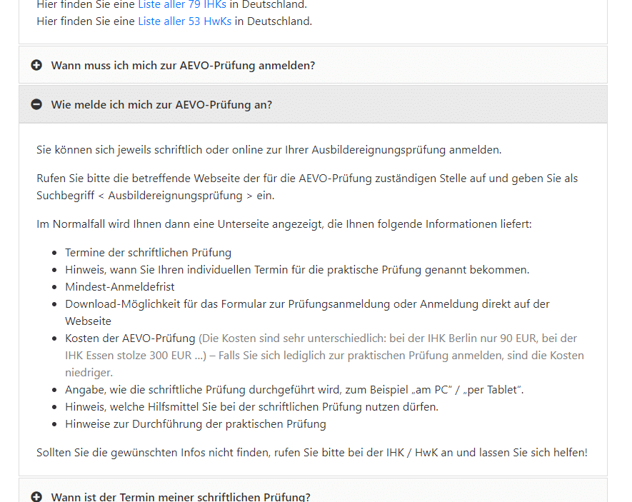 weiterer Screenshot von der FAQ-Liste